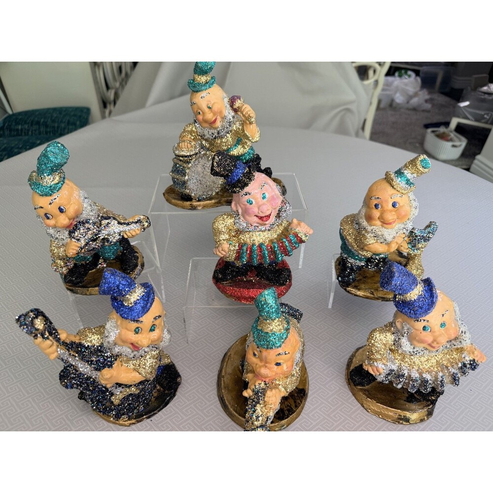 Vintage Italian Glitter Gnome Musicians Figurine Set of 7 Paper Mache FAB Fun